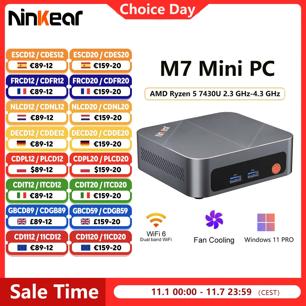 Ninkear M7 Mini PC AMD Ryzen 5 7430U 2,3 GHz-4,3 GHz Windows 11 PRO 16 GB DDR4 RAM 512 GB SSD WIFI 6.0 Wentylator chłodzący Mini komputery