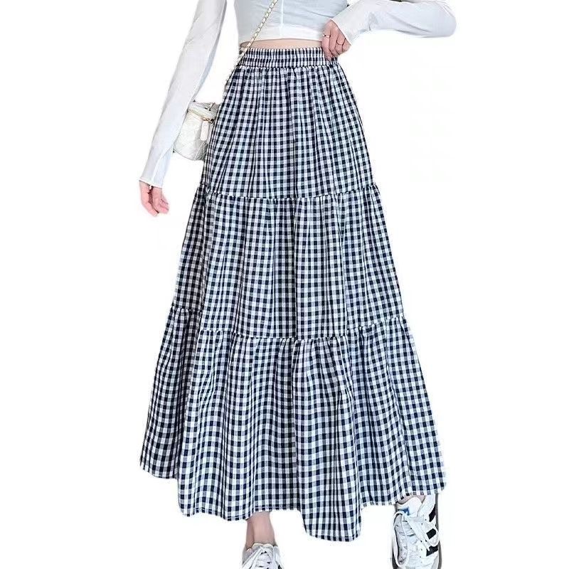 Patchwork Tiered Skirt Women 2025 Summer Vintage Checkered High Waisted Elastic Waist Slimming Midi Skir