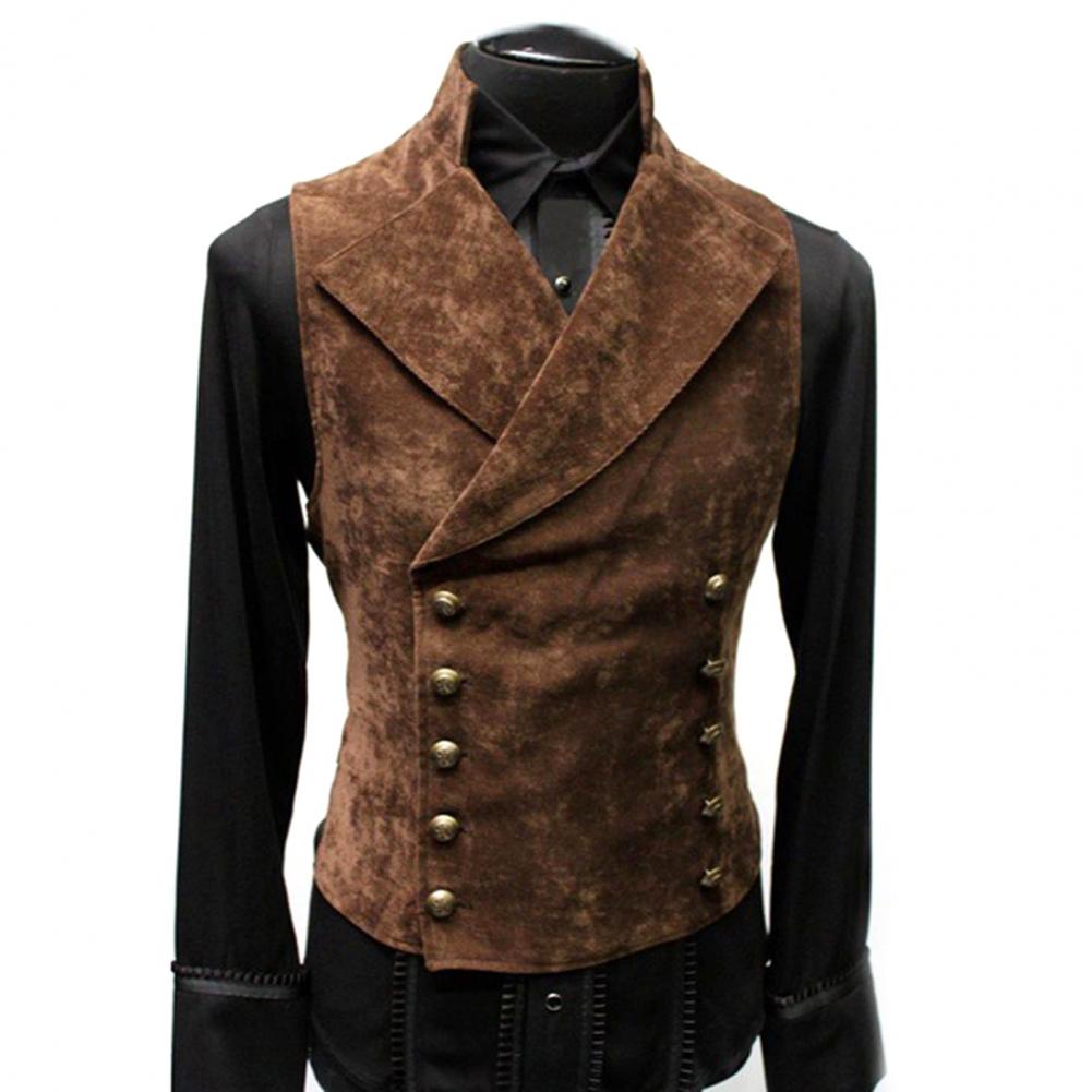 Vintage Red Suede ชุดเสื้อกั๊กผู้ชาย Waistcoat Stand Collar สีทึบ Double Slim-Fit เสื้อกั๊ก Steampunk Gilet Homme