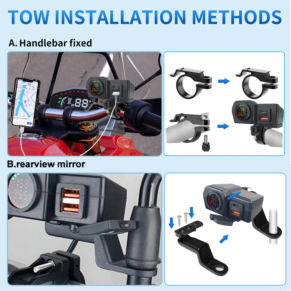 Enchufe de cargador PD QC3.0 para motocicleta de 60W, USB tipo C, carga rápida, enchufe de cargador para motocicleta, voltímetro, termómetro, pantalla Digital