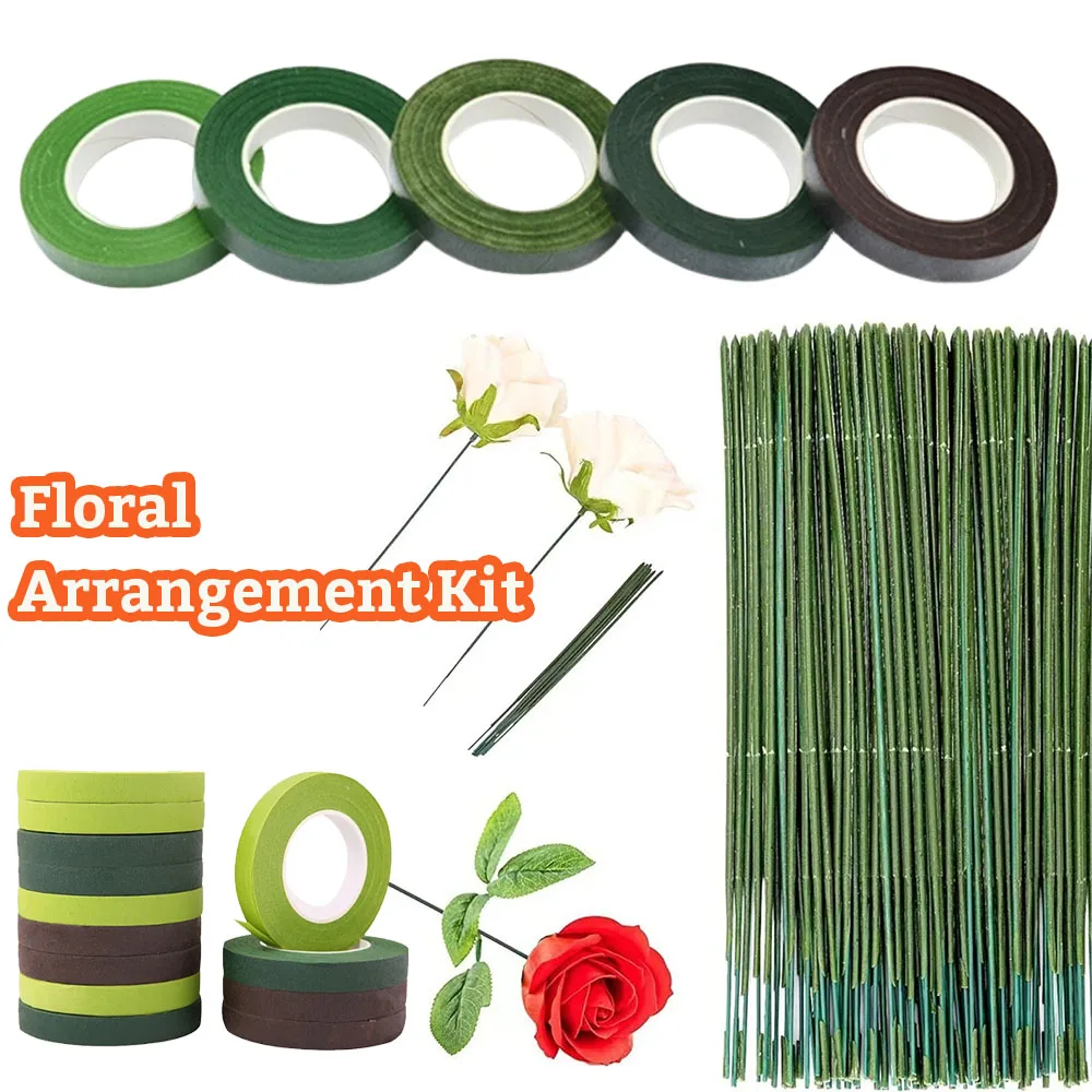Palos de tallo de flor verde, Material Floral artesanal, tallo de alambre hecho a mano, cinta de floricultura, ramo autoadhesivo, cinta de papel de tallo Floral
