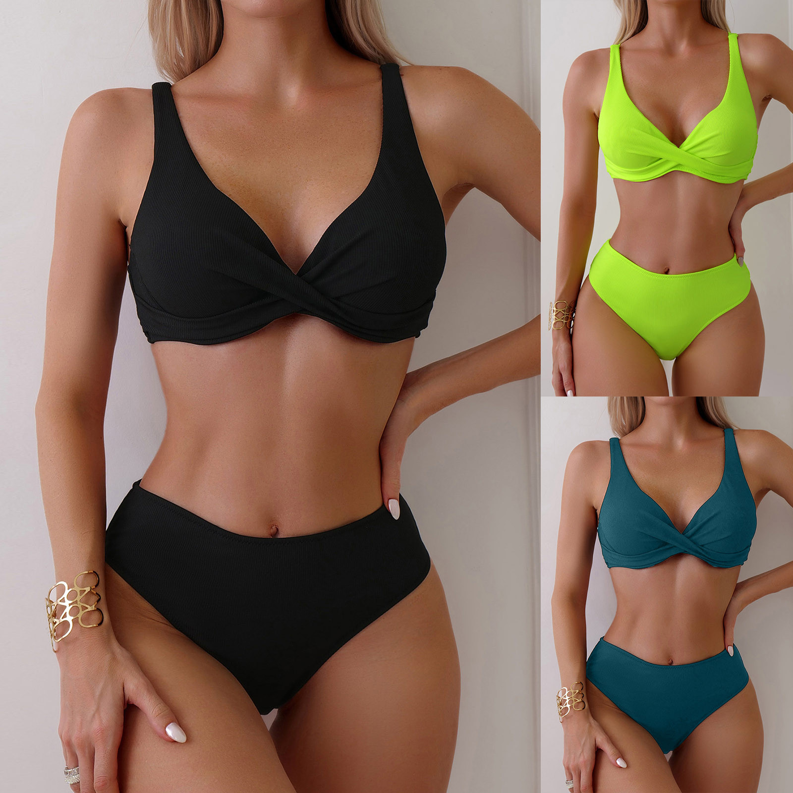 Y2K-Ensemble bikini vintage pour femme, maillot de bain deux pièces, solide, décolleté plongeant en v, tenue de plage, vacances