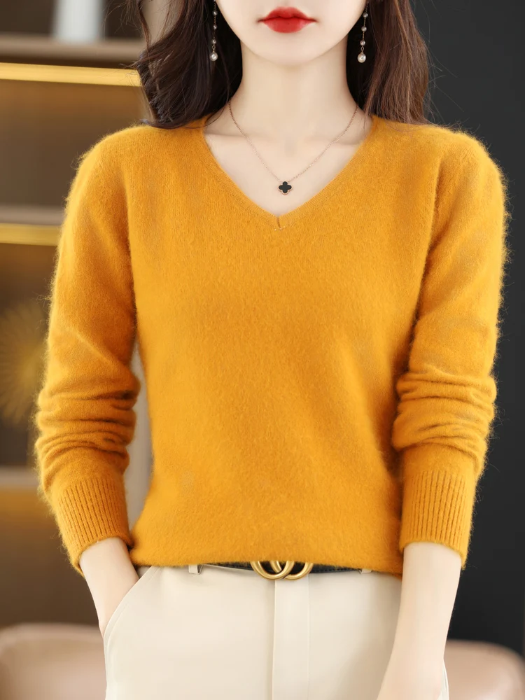 LHZSYY Super Warm 100% Nerz Kaschmir Frauen Pullover V-ausschnitt Und Pullover Winter Hohe Elastizität Weiche Tops Casual Grundlegende Pullover