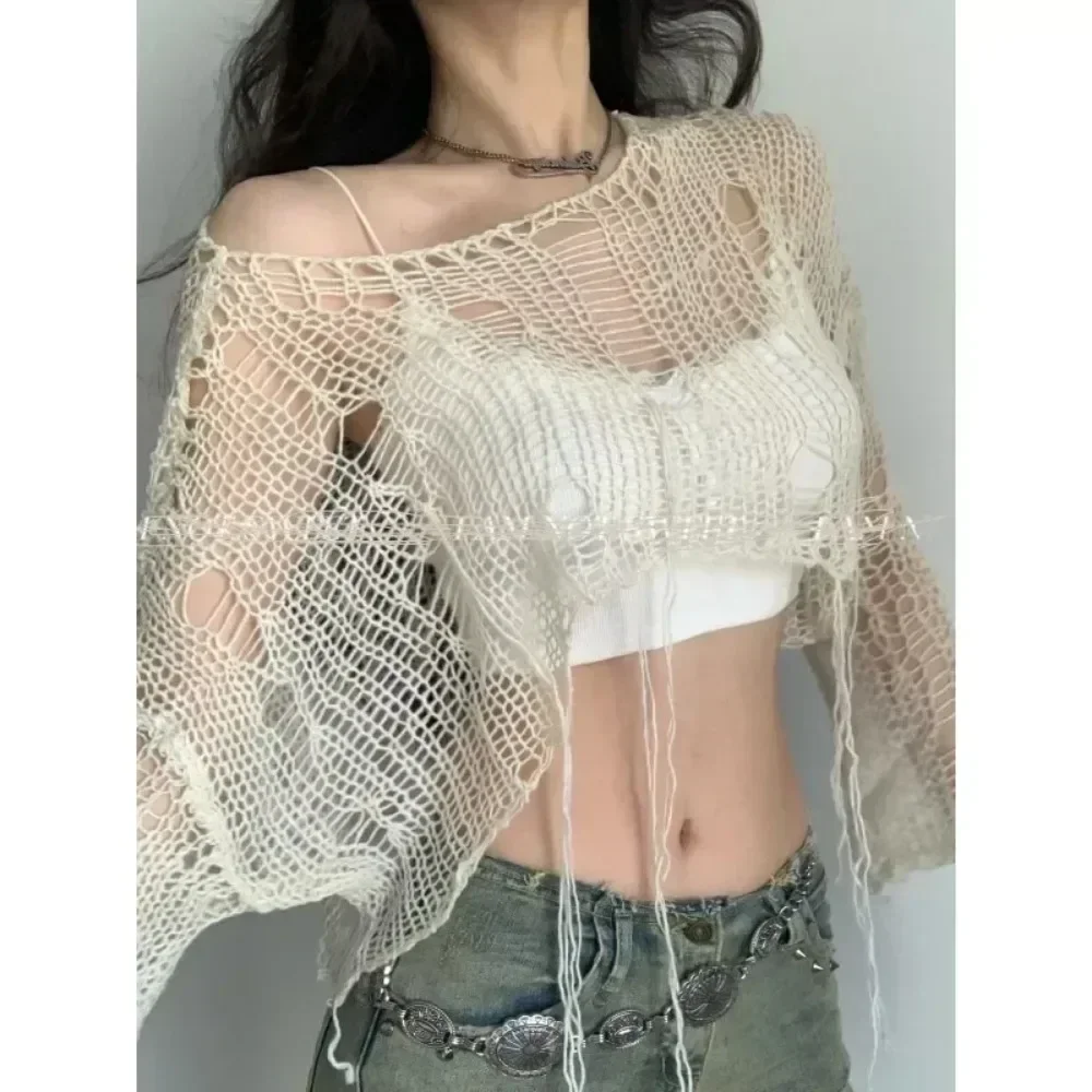 Sexy Weiß Slash Neck Grunge Gestrickte frauen Pullover Loch Zerrissene Pullover Crop Top Harajuku Aushöhlen Mode Sommer Jumper