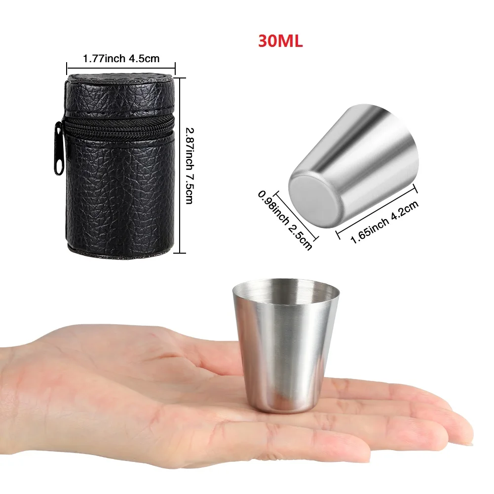 Juego de 4/6 Uds. De tazas de acero inoxidable para viajes prácticos al aire libre, Mini juego de vasos para whisky, vino con estuche, vajilla portátil de 30/70ml