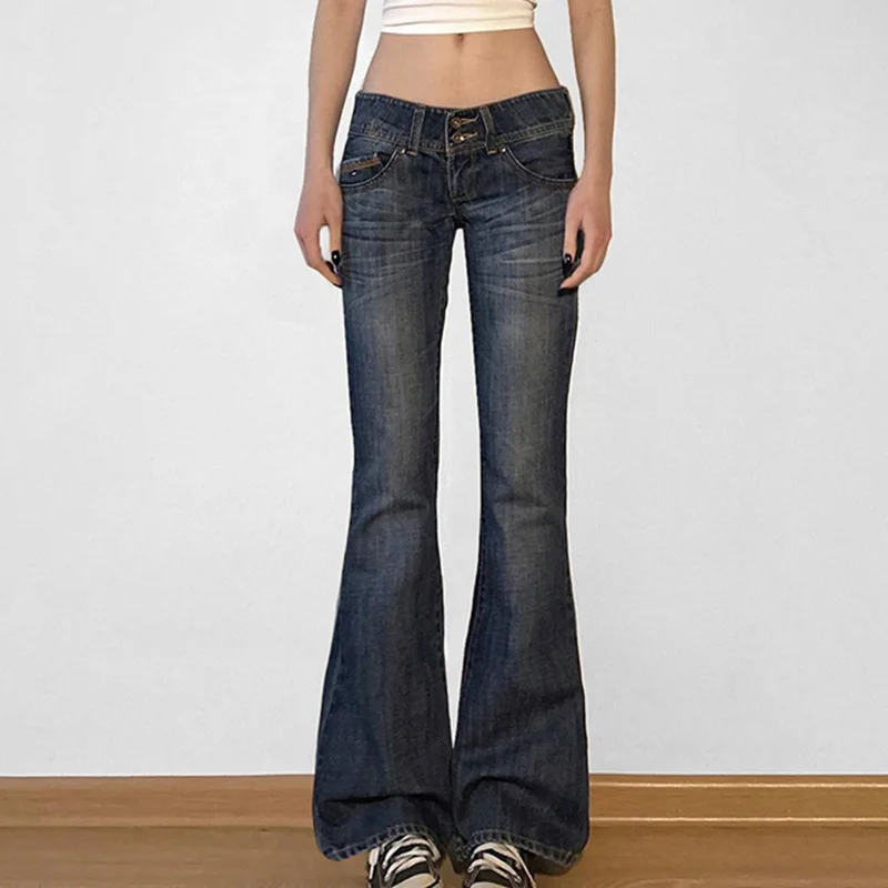 Vintage y2k Flared Jeans Retro Button-up Low Rise Casual Denim Pants Harajuku 2000s Trousers Basic Aesthetic Mom