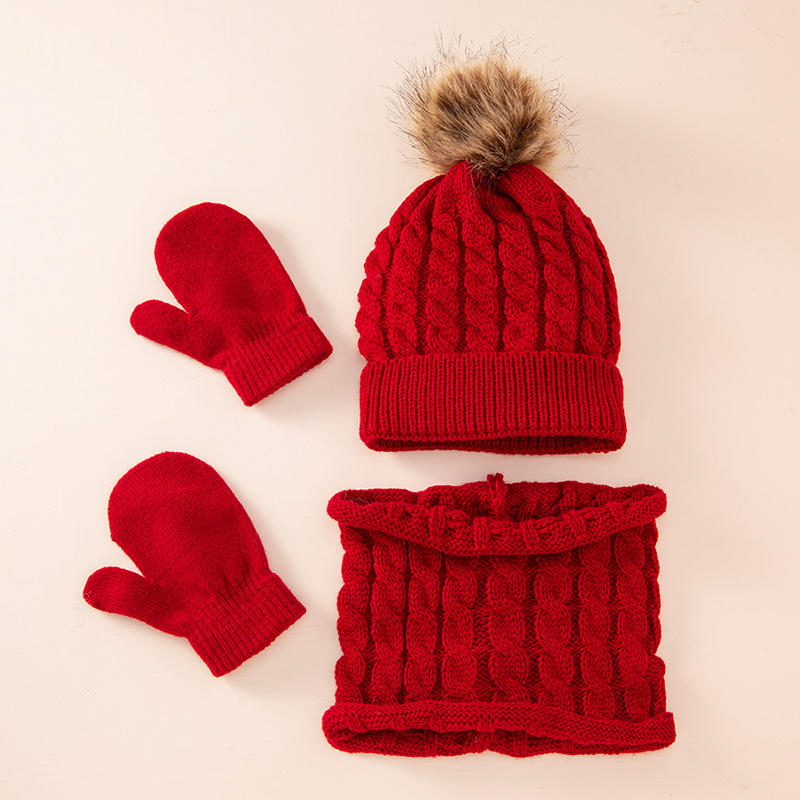 Children's Hat Scarf Gloves Suit Wool Monochrome Fried Dough Twists Warm Three Piece Children's Hat Scarf Gloves Suit