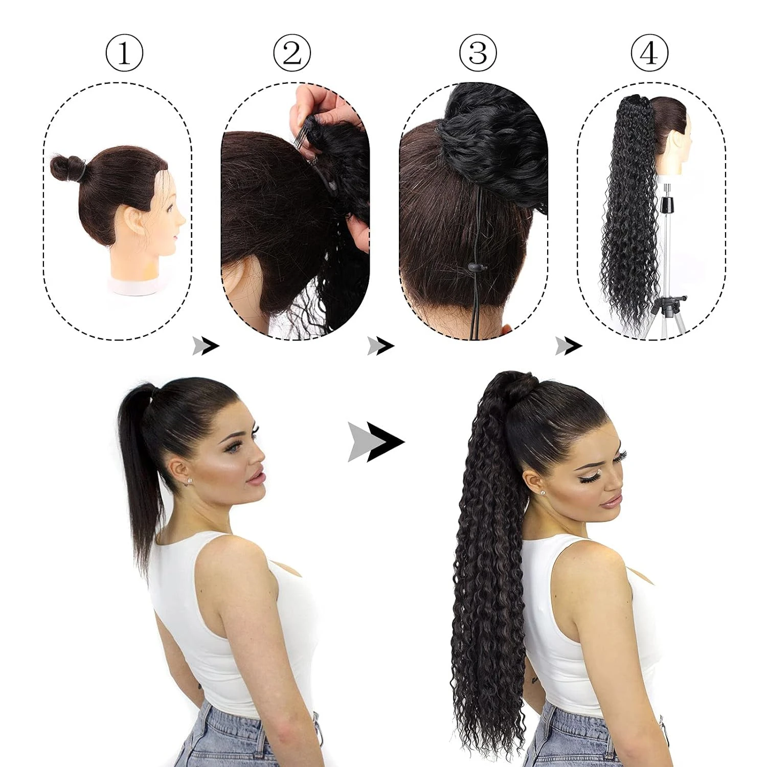 ディープウェーブ巾着ポニーテール人毛ポニーテール # 1B ナチュラル ブラック カーリー クリップ ヘアエクステンション 日常コスプレ用 1 個