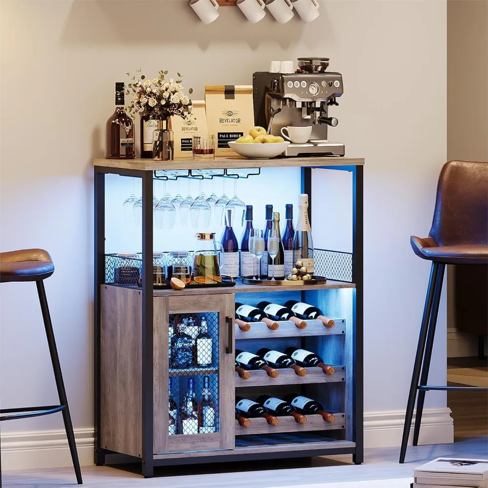 3-Tier Wine Bar Cabinet with LED Lights, Detachable Wine Rack and Storage Space, Sideboard Buffet Bar with Glass Holder