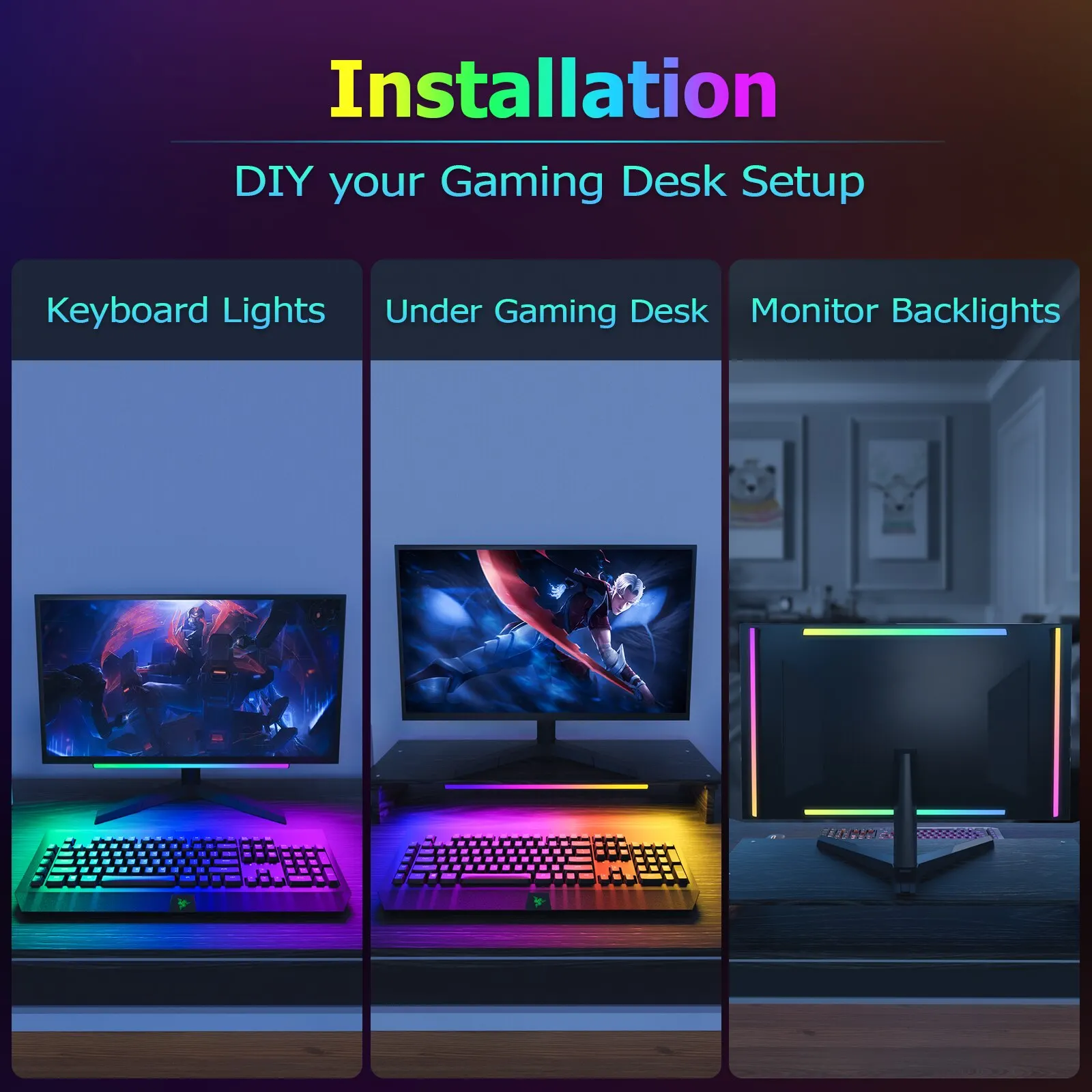 WILLED 2 In1 Under Monitor Light Bar Gaming Lights for Gaming Setup Desk Led with Remote Controlle for Keyboard Light PC