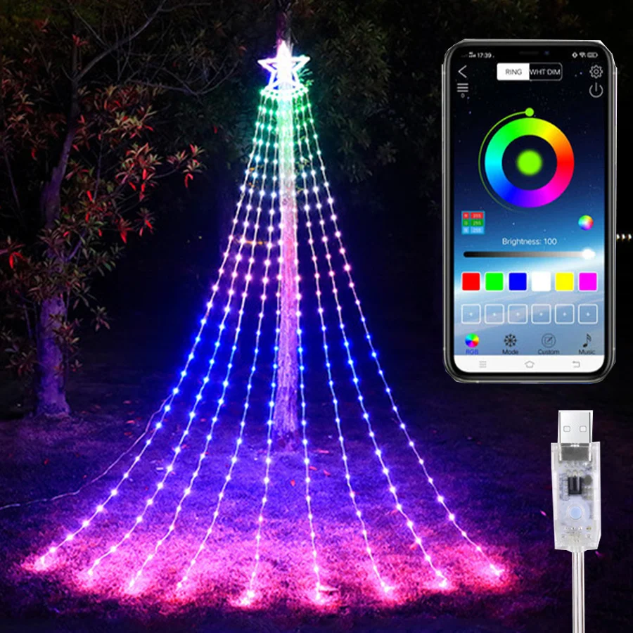 Guirnalda de luces LED para árbol de Navidad, iluminación inteligente con adorno de estrella, Control por aplicación, 3M, decoración al aire libre, 304led