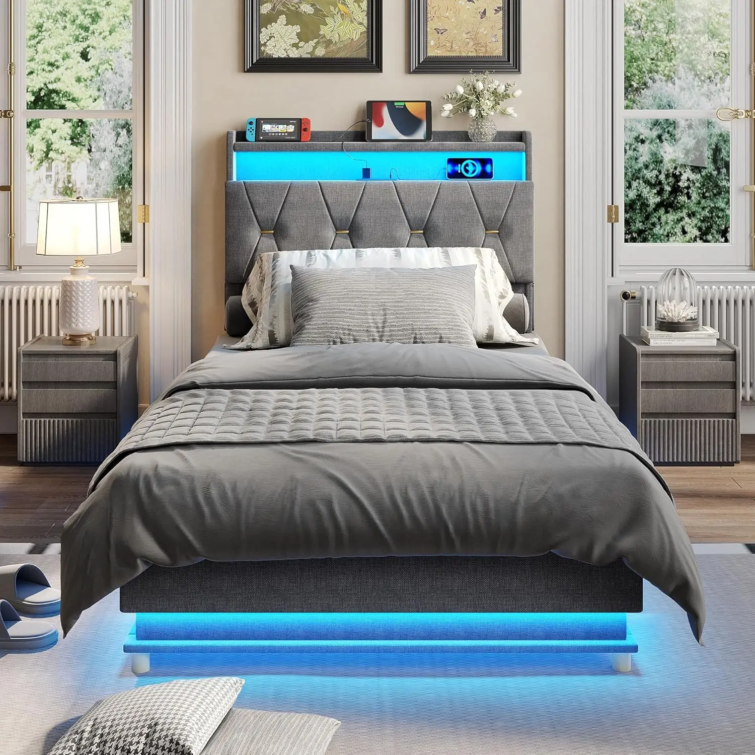 Twin Size Lift Up Storage Bed Frame, Storage Headboard with Charging Station, LED Lights Upholstered Platform Bed