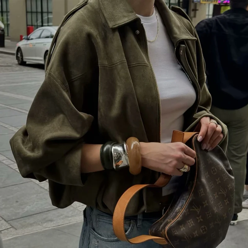 TFMLN Otoño Invierno mujer chaqueta de gamuza abrigo 2025 nueva moda de manga larga con cremallera abrigo Bomber suelto Chic señora Casual ropa de calle