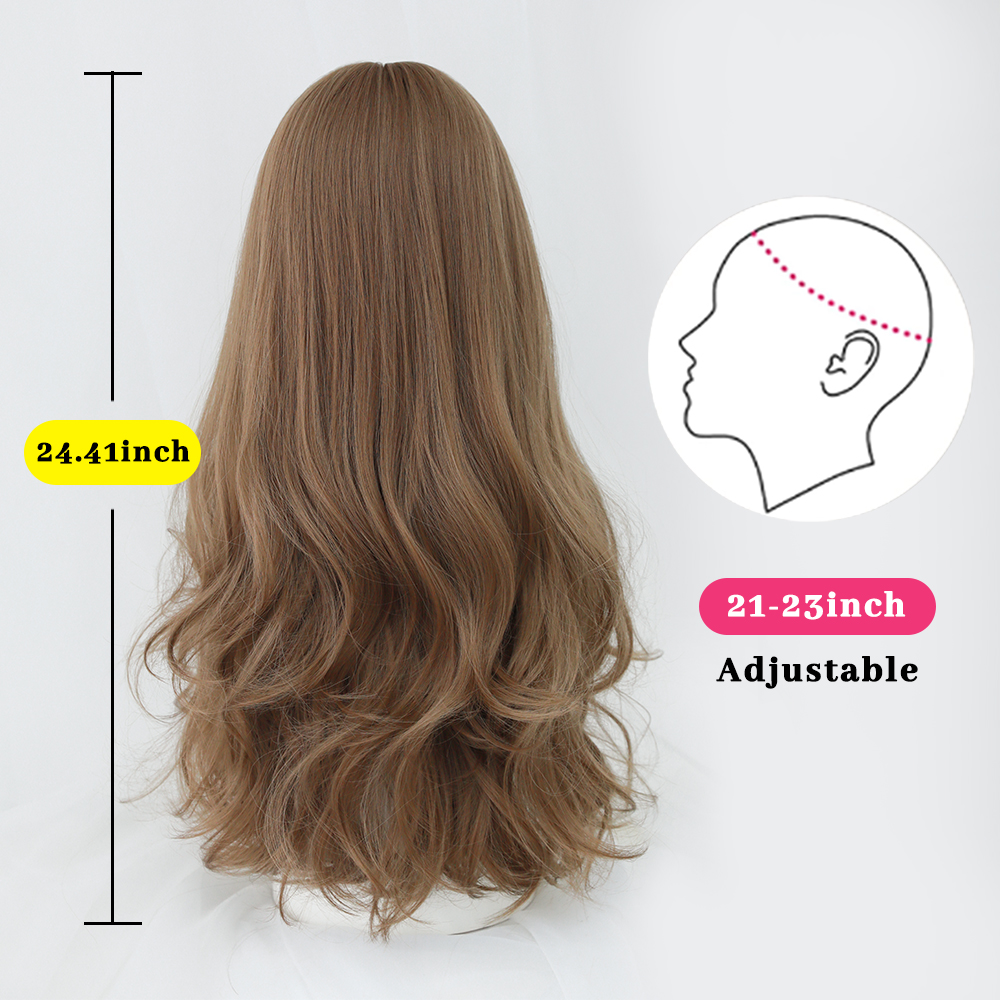 ผมยาวหยิกวิกผมผู้หญิงกับ Bangs ทุกวันสีน้ําตาลสีดําสีชมพู Lolita คอสเพลย์ Braided Wigs ความร้อนทน Party ผมปลอม