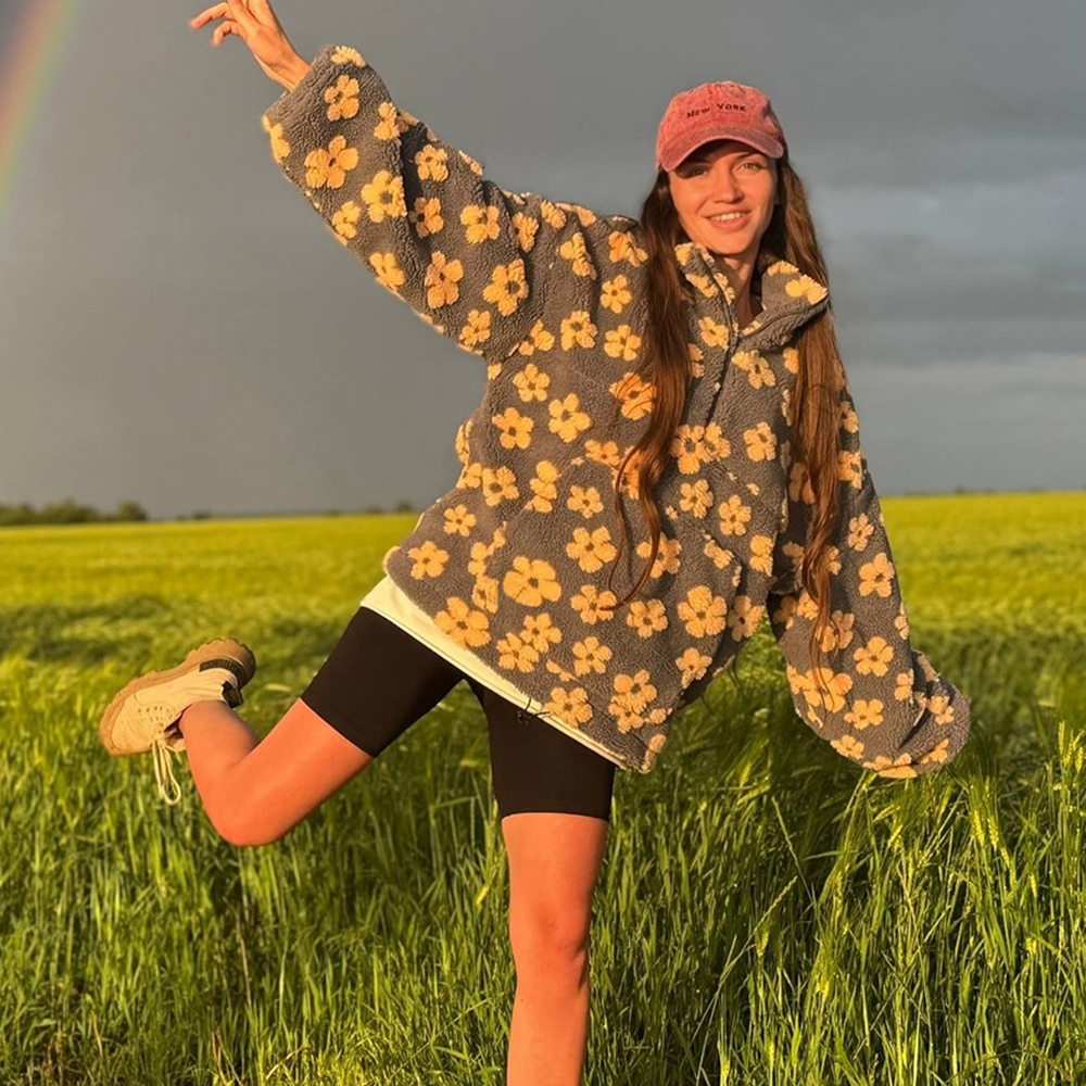 Talenza mode imprimé pull contraste surdimensionné fermeture éclair tricot à manches longues haut décontracté chaud tenue de bureau Vintage femmes sweats