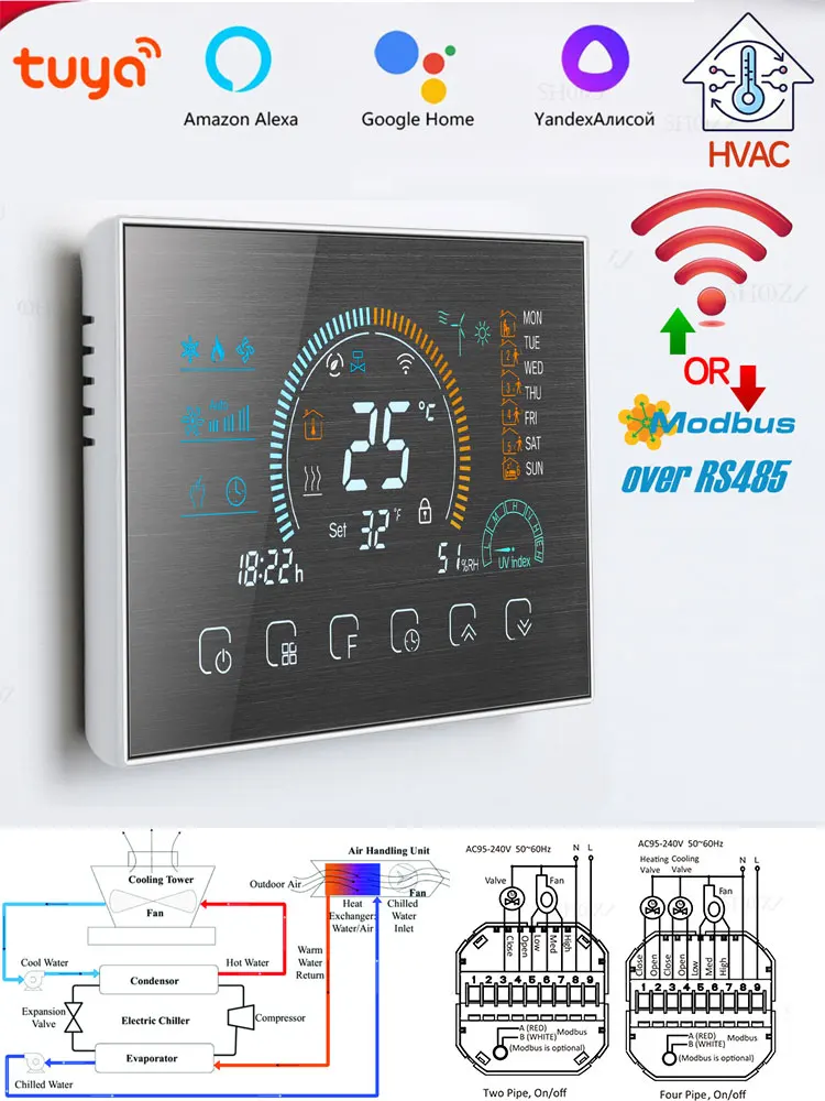 TUYA WIFI/RS485 Modbus RTU termostato programable para Control válvula de 2/4 vías calor/sistema de aire frío HAVC 24V/220V