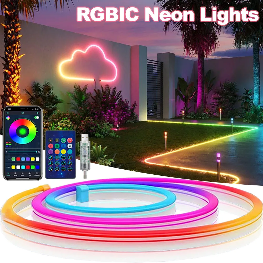Taśma LED Neon RGBIC USB 5M/16.4FT z kontrolą przez aplikację do dekoracji pokoju, inteligentna taśma neonowa, oświetlenie na Halloween i Boże Narodzenie