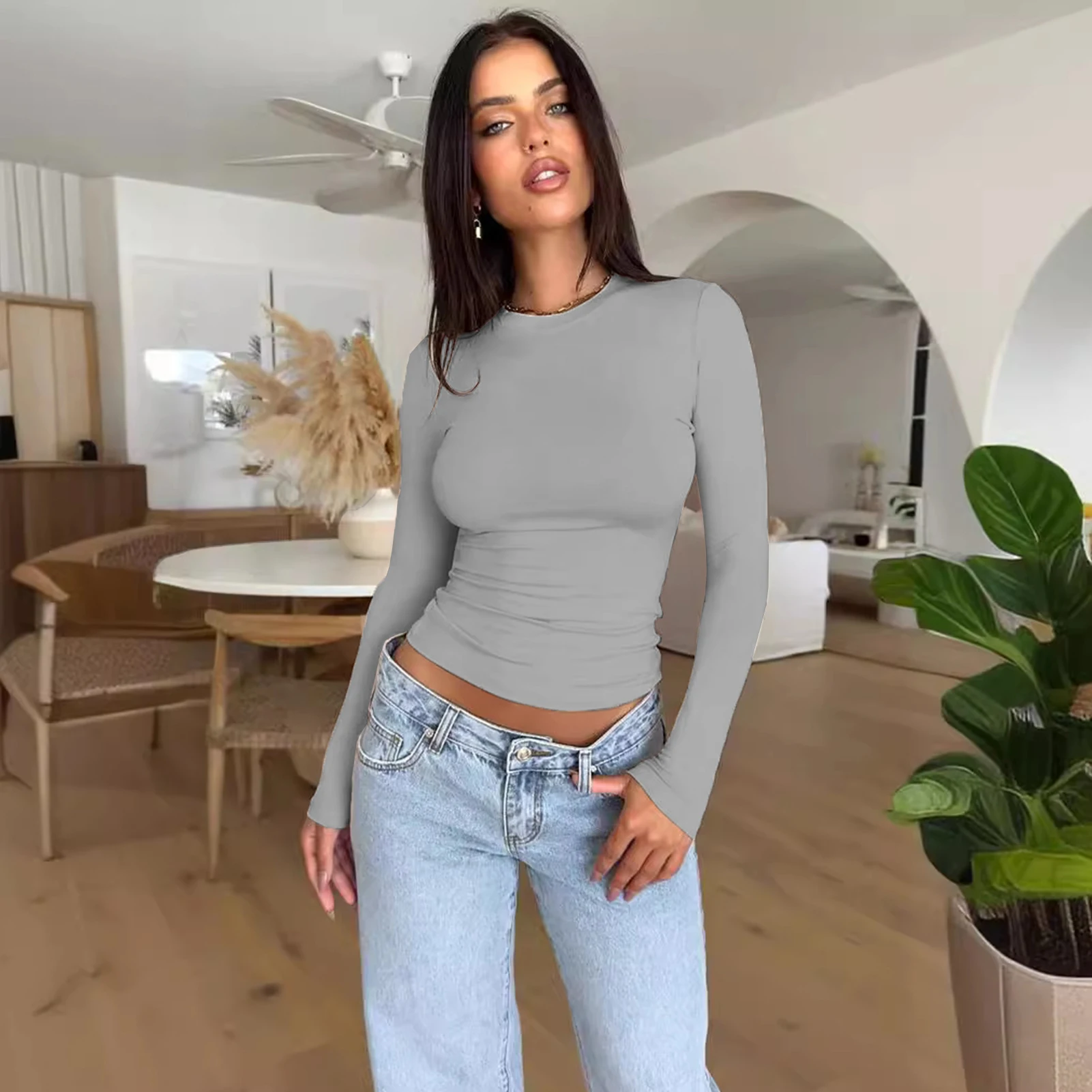 เสื้อแขนยาวผู้หญิงฤดูใบไม้ร่วงฤดูหนาวY2k Crop Top Casual Slim Fit Pullovers Solid Oคอเสื้อยืดStreetwearหญิงBasic Tee