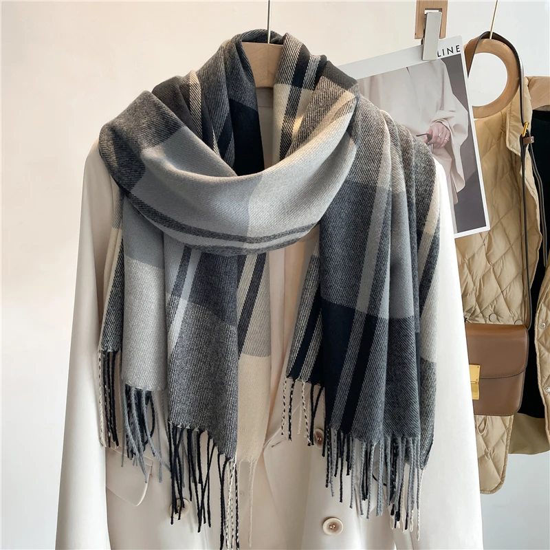 Cobertor de caxemira quente feminino viagem inverno cachecol moda xadrez pashmina xale grosso envolve com borla casual bufanda poncho novo