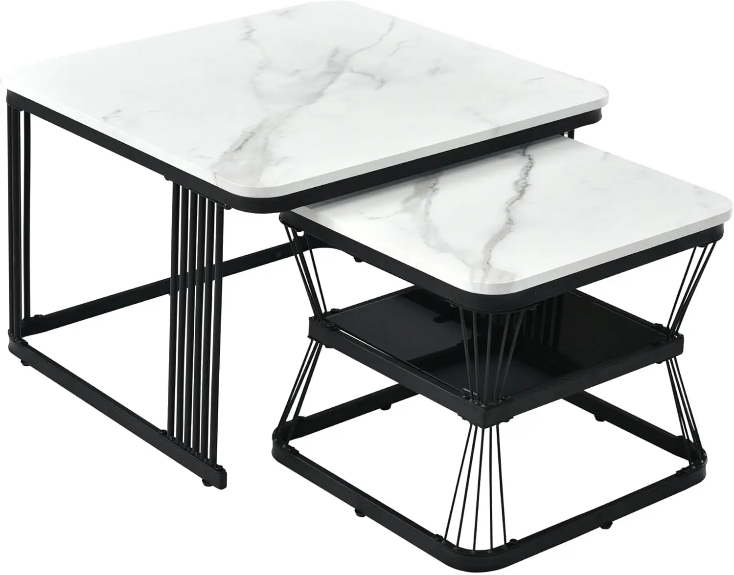 Merax Quadratisch Couchtisch 2er Set, Moderner Wohnzimmertisch mit Marmormuster, Matt Satztisch mit Storage,