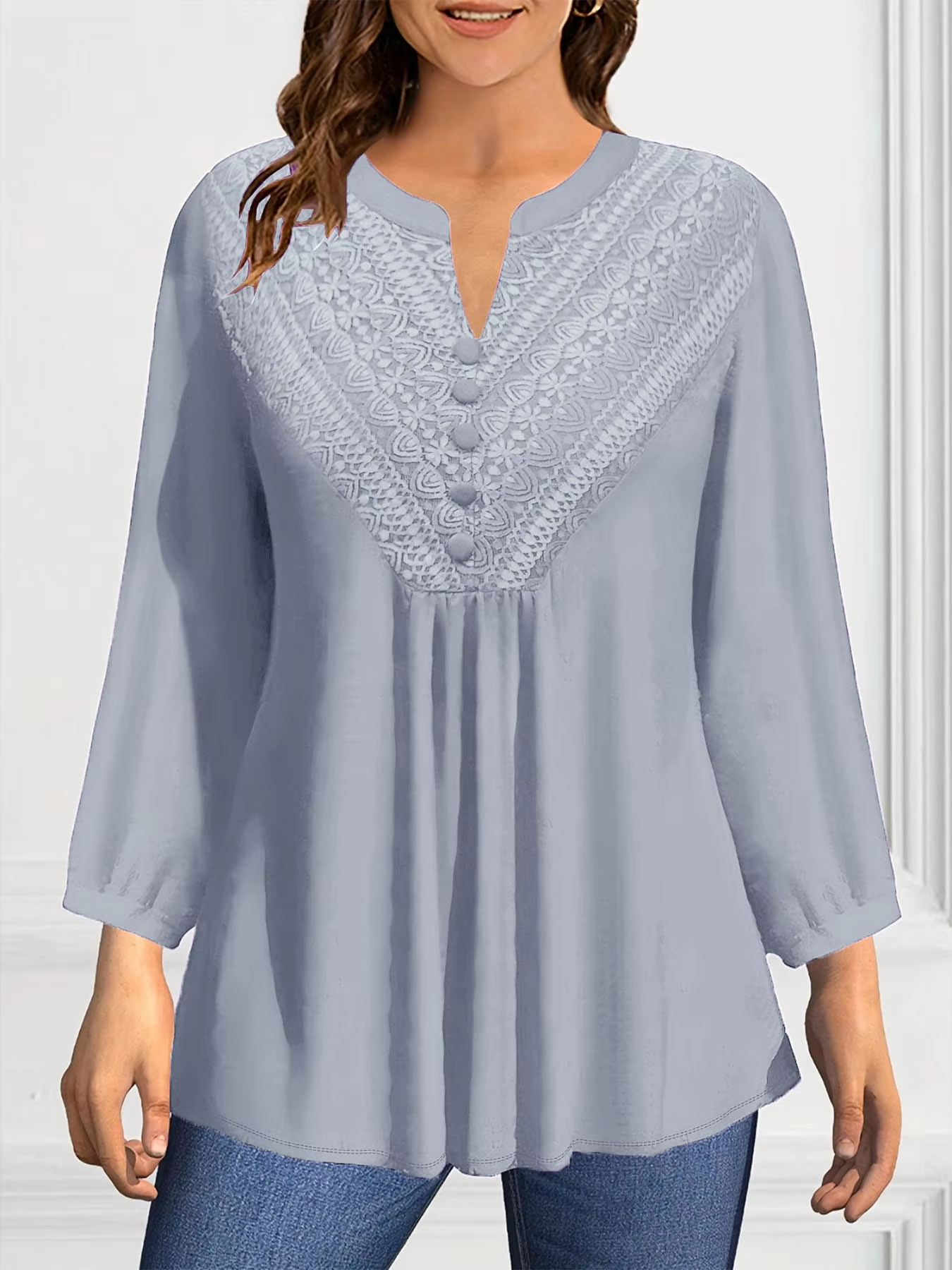 Frauen Casual Plus Größe Blusen Taste V-ausschnitt Spitze Elegante Casual Solide Plissee Mode Langarm Herbst Shirts Tops 2025