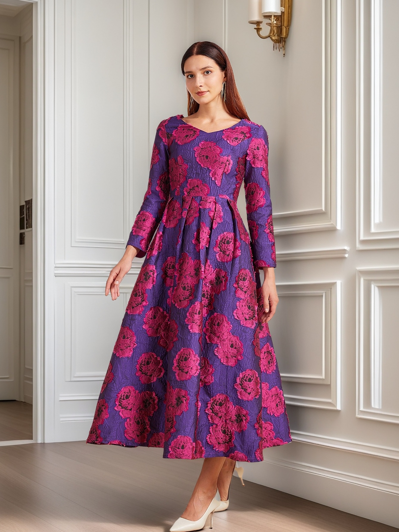 Luxe Lange Jacquard Jurk Voor Vrouwen Maxi Herfst Winter Feestjurk Boho Bloemenmode Avond Kleding Vintage Gewaad