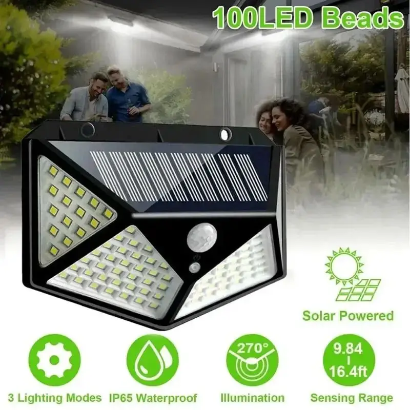 Lámpara Solar 100LED, lámpara para exteriores, Sensor de movimiento impermeable, luz Solar alimentada por energía Solar, farola, barandilla de jardín, Lámpara decorativa