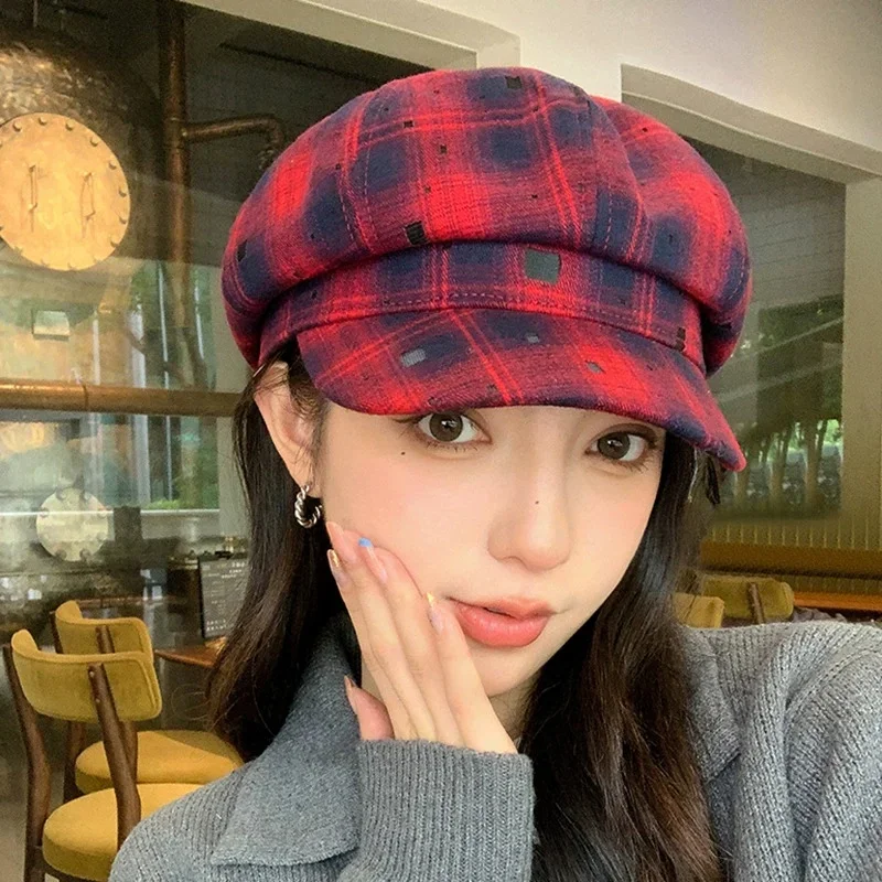 New Octagonal Hats for Men Women in Spring and Autumn Versatile Fashionable Retro Plaid Stripes Cotton Berets Painter Hats