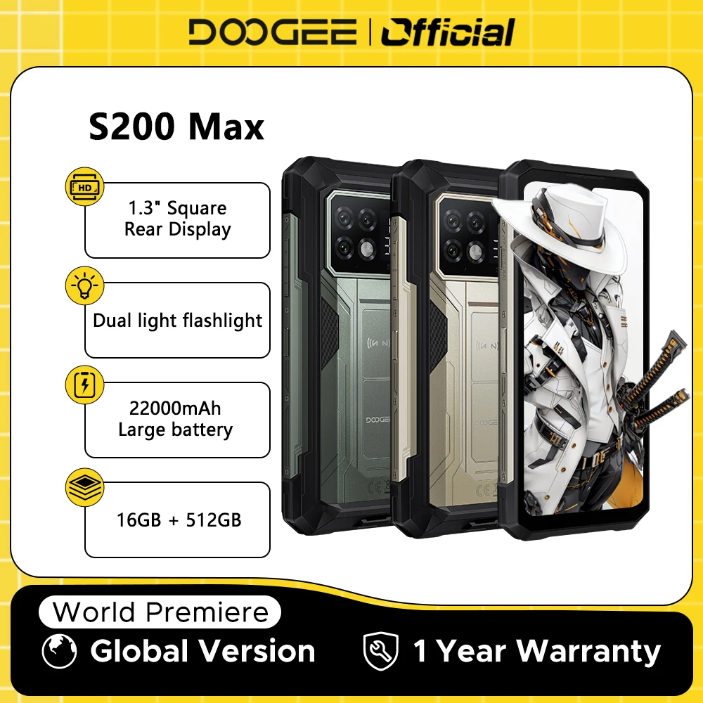 Estreno mundial DOOGEE S200 Max teléfono resistente 16GB 512GB 22000mAh batería 66W 1,32 "pantalla trasera 6,72" 120Hz densidad 7050 NFC