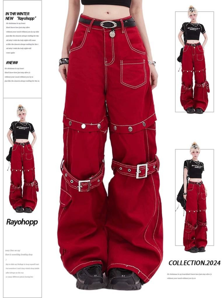 ADAgirl สีแดง Baggy Cargo กางเกงผู้หญิง Y2k Hip Hop Vintage Goth Hippie ที่ถอดออกได้ขากว้างกางเกง Streetwear Casual Bottoms