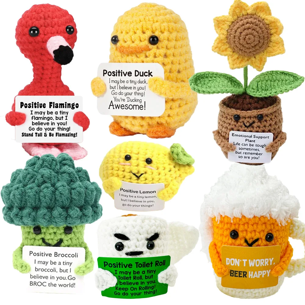Positive Energy Pocket Hug Crochet Doll, Mini Handmade Knitted Plush Potato Turtle Vegetable Duck Funny Support Gift with Card