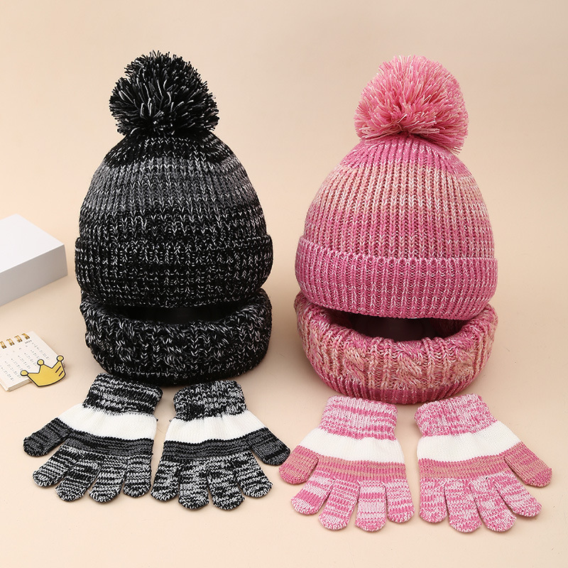 Amazon Children's Gradient Color Fleece-Lined Knitted Hat Scarf Gloves Three-Piece Set Winter Boys and Girls Warm Knit Hat