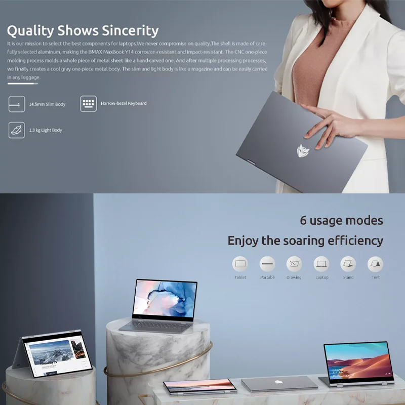 BMAX Y14 2025 360 °   Laptop 14 Inch Touch Notebook 16GB RAM LPDDR5 512GB SSD Windows 11 1920*1080 IPS Intel N100 Laptops Computer