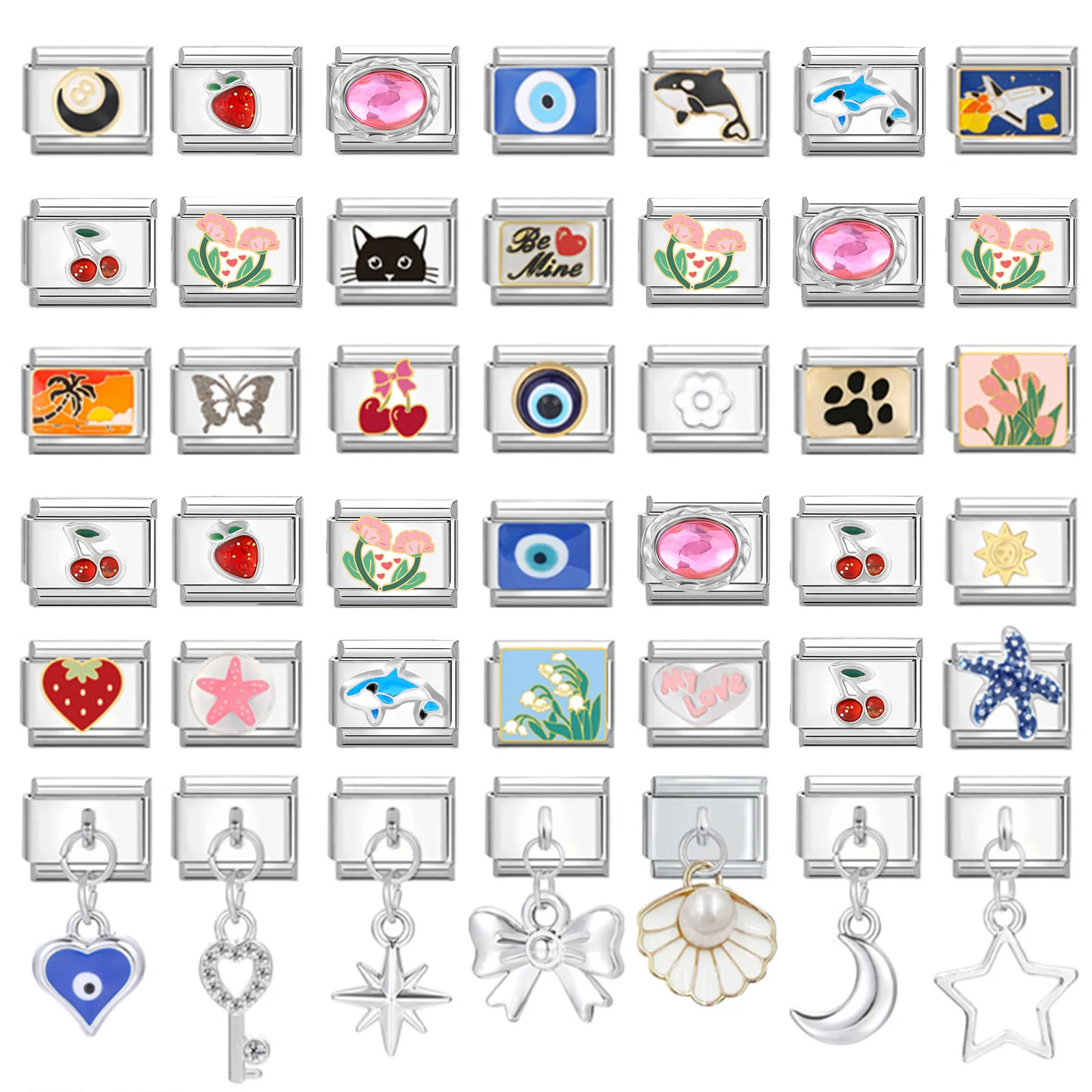 Eslabones de dijes italianos de acero inoxidable, pulsera de 9mm, joyería DIY, fabricación de regalos, moda, ojos de diablo, corazón, estrella, flores, venta al por mayor