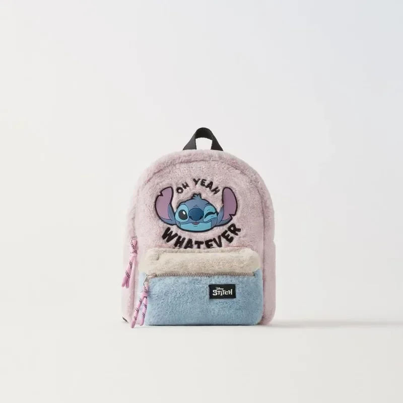 Disney's New Stitch Plush ของแท้หนังสีชมพูหูใหญ่ Alien Head Color Block กระเป๋าเป้สะพายหลัง