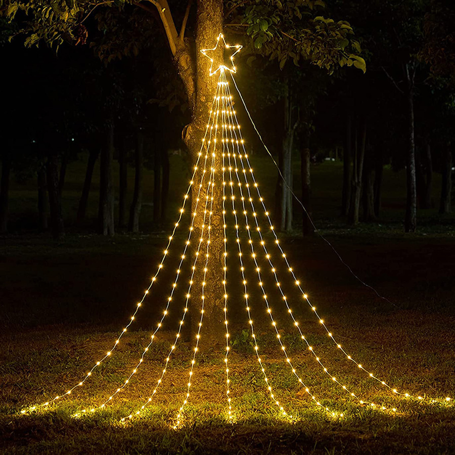 Outdoor Weihnachten Baum Dekorationen Stern Wasserfall String Licht 9X 2M 190 LED Topper Stern Vorhang Eiszapfen Licht Wasser Fluss licht
