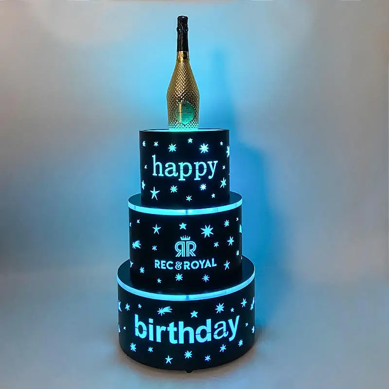 Dostosowany klub nocny Szampan Vip Happy Birthday Cake Glorifier Serwis VIP 3-warstwowy prezenter butelek LED na ciasto