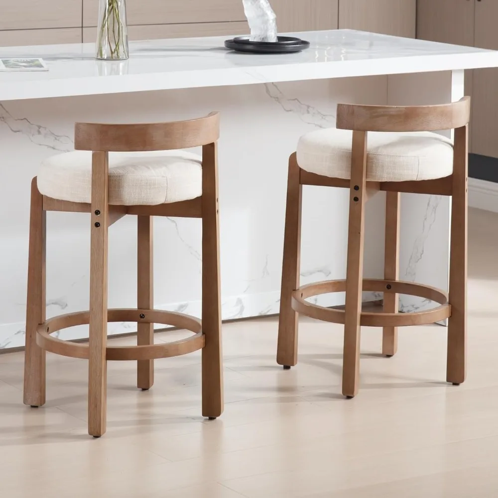 Bar Stools Set of 2, 26.5" Counter Stools Back, Linen Upholstered Barstools Solid Legs Bar Chairs Kitchen Island Dining Room