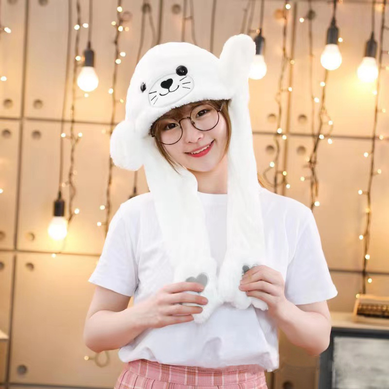 ซีลสัตว์ย้ายหมวกสีขาว Plush กระต่ายหูค่าเฉลี่ยกระโดดของเล่นแต่งตัวตลกคอสเพลย์ปาร์ตี้สำหรับเด็กคริสต์มาสของขวัญ