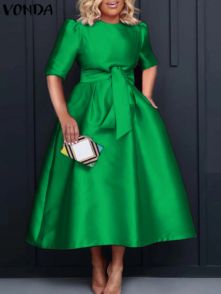 Vonda-女性のためのエレガントなサテンミディドレス,半袖,ベルト付きカジュアル,ルーズ,モノクロ,ロング,ラージサイズ,5xl,夏,2024