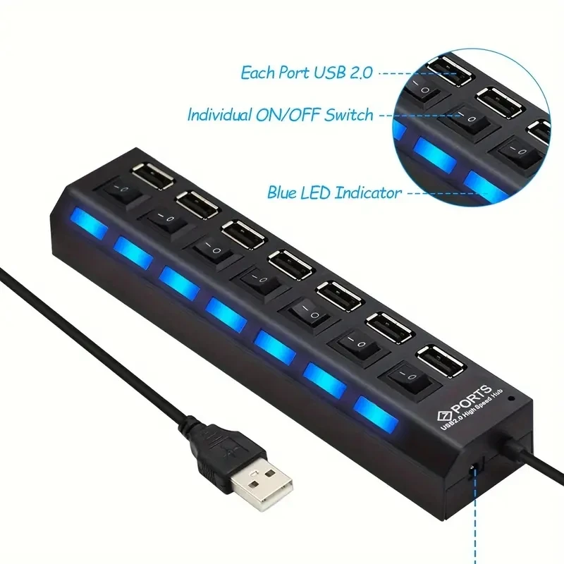 Adaptador expansor USB HUB 2,0 de alta velocidad, 4/7 puertos, divisor Multi USB, extensor múltiple con interruptor de lámpara LED para PC y portátil