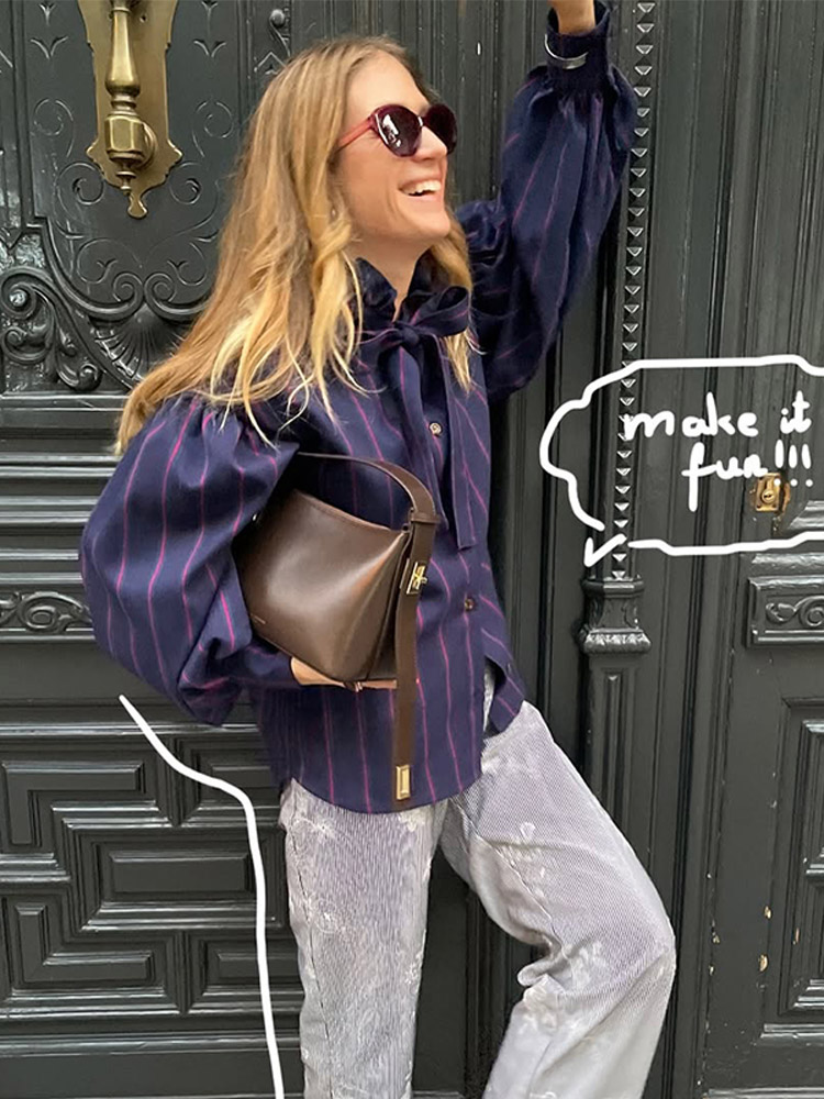 Mulheres do vintage listrado camisas moda gola rendas arco único breasted blusa de manga longa 2025 primavera senhora rua topos