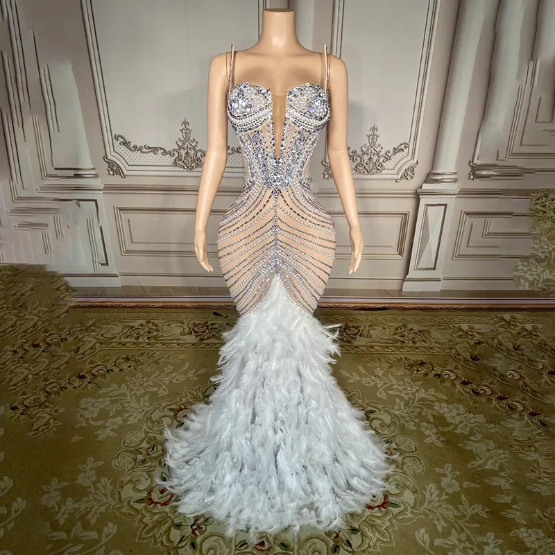 Vestidos de lujo a la moda con cola de plumas negras y diamantes, ropa para mujer, vestido de presentador de alfombra roja para celebración, vestidos de fiesta de cumpleaños