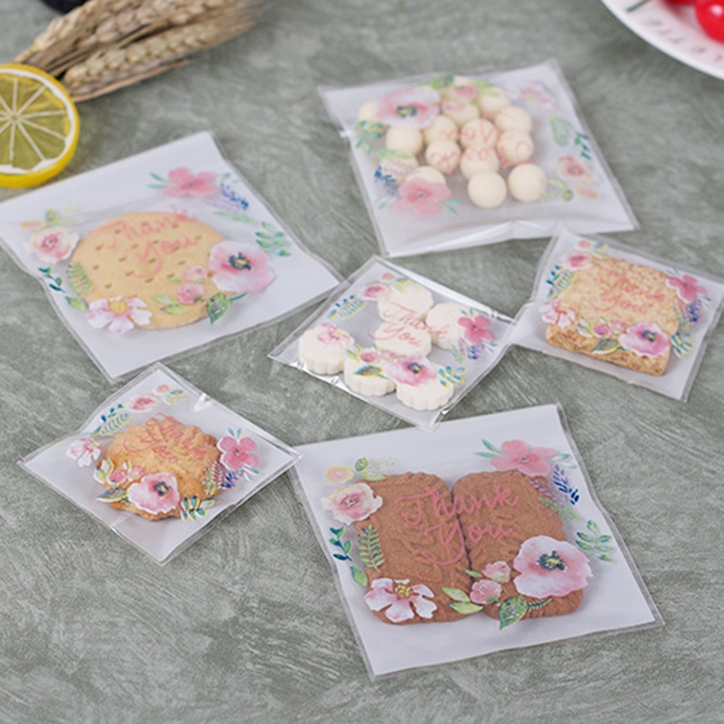 Sacs en plastique auto-adhésifs à fleurs de remerciement, 100 pièces/lot, pour biscuits faits maison, cadeaux de fête, sac d'emballage de bijoux à faire soi-même
