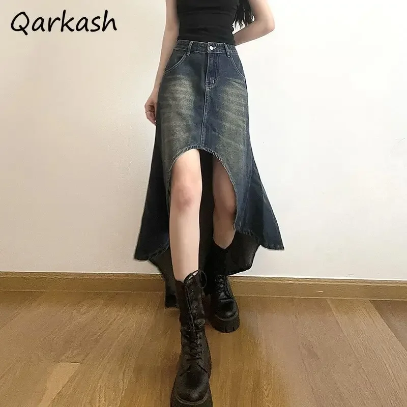 Denim Midi Skirts Women Washed Retro Irregular Design Korean Prevalent Streetwear Hipster Casual Fashion All-match High Waist
