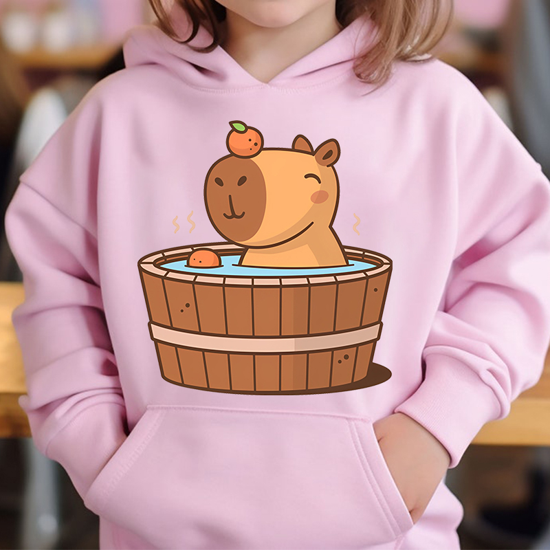 Lindo Capybara Loves Bubble Tea niños Sudadera con capucha rosa más suéter de terciopelo tops de otoño e invierno para niñas