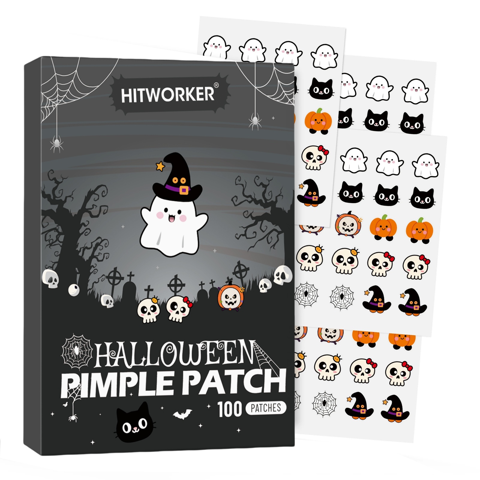 100 parches hidrocoloides para el acné de Halloween HITWORKER: formas de calabaza y murciélago, sin alcohol ni fragancia, para toda la piel color beige claro,