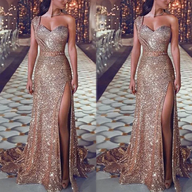 Vestido largo de noche con lentejuelas para mujer, traje elegante y Sexy con cuello de pico profundo, un hombro sin mangas, 2023