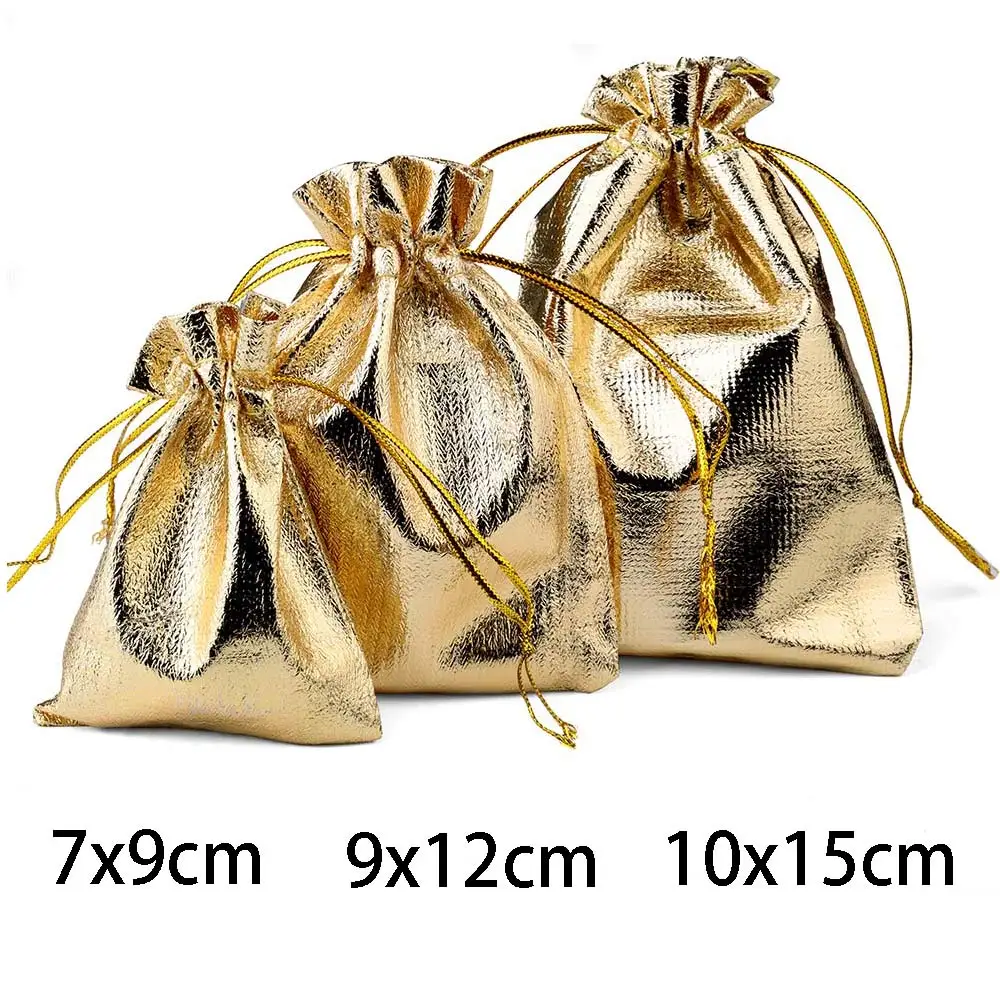 50 ชิ้น/ล็อต 7x9 9x12 10x15 ซม.ปรับเครื่องประดับบรรจุผ้ากระเป๋าสีทอง Drawstring งานแต่งงานกระเป๋าเก็บ