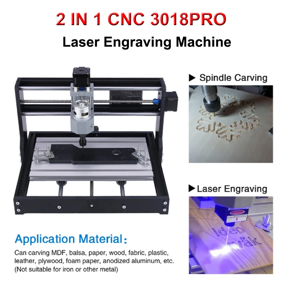 Máquina de gravação para madeira CNC, Laser 3 eixos, Controlador GRBL, Escultura, Plástico, Madeira, Acrílico, 3018Pro, 7W-20W